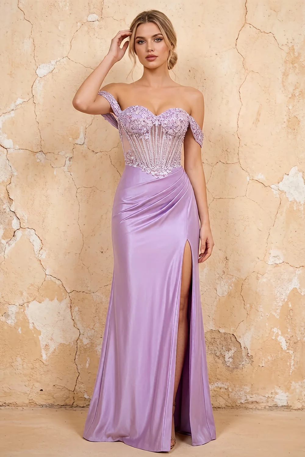 Letitia Purple Satin Rhinestones 3d Flower Maxi Dress