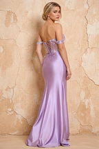 Letitia Purple Satin Rhinestones 3d Flower Maxi Dress