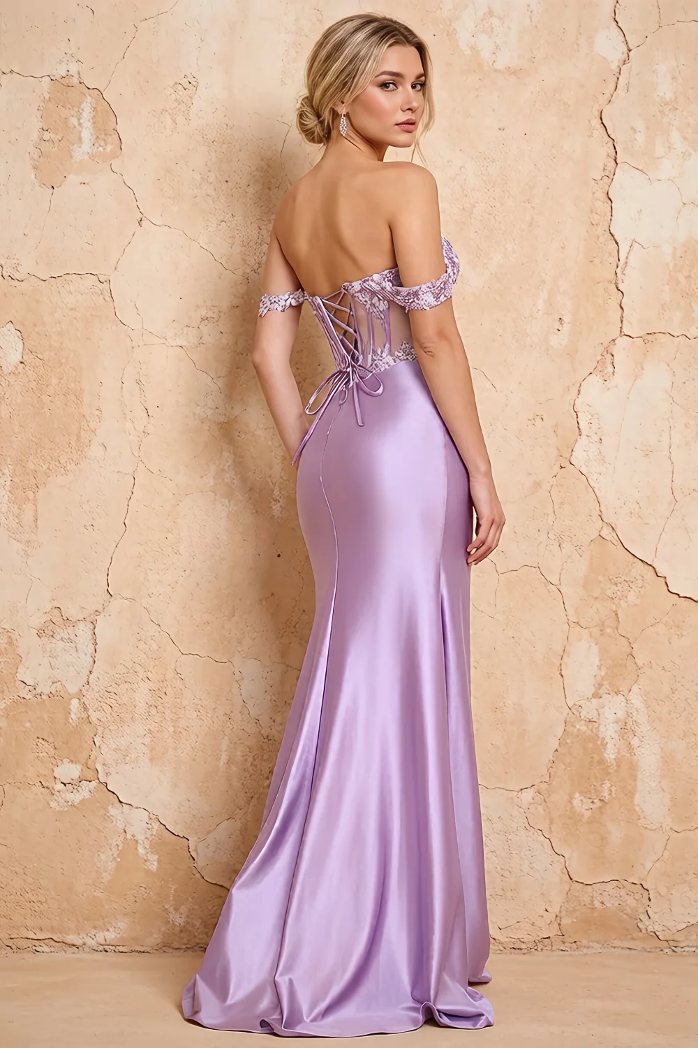 Letitia Purple Satin Rhinestones 3d Flower Maxi Dress