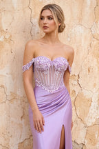 Letitia Purple Satin Rhinestones 3d Flower Maxi Dress