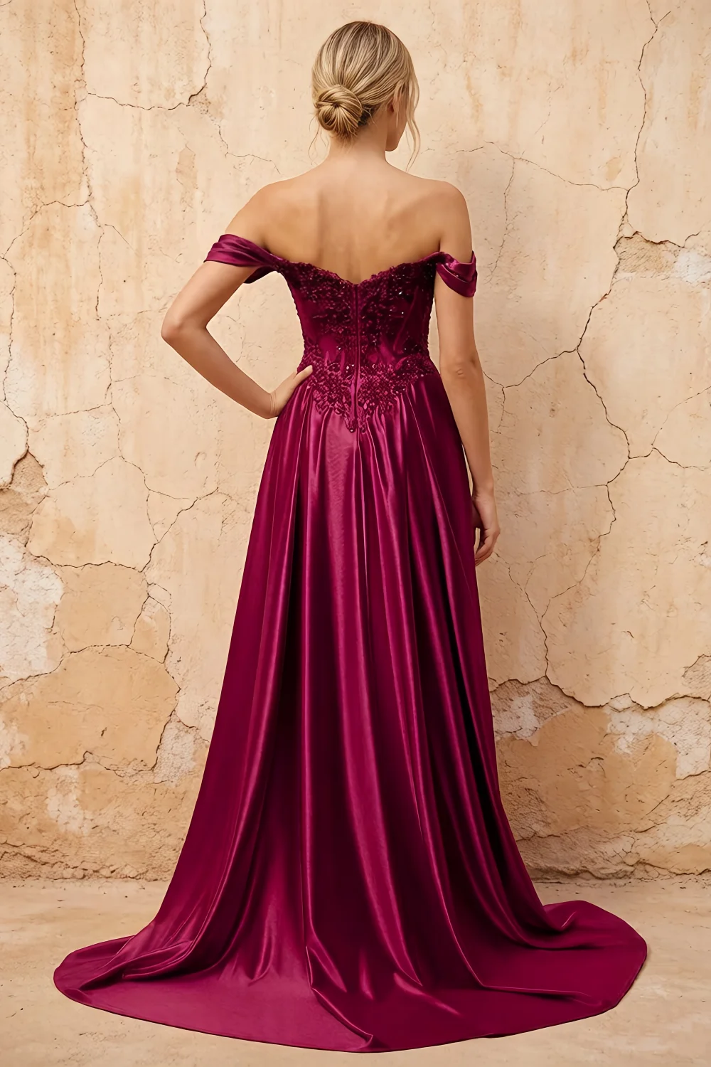 Lilian Burgundy Lace Rhinestone Off The Shoulder Maxi Dress