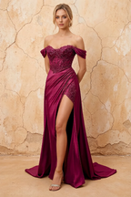Lilian Burgundy Lace Rhinestone Off The Shoulder Maxi Dress