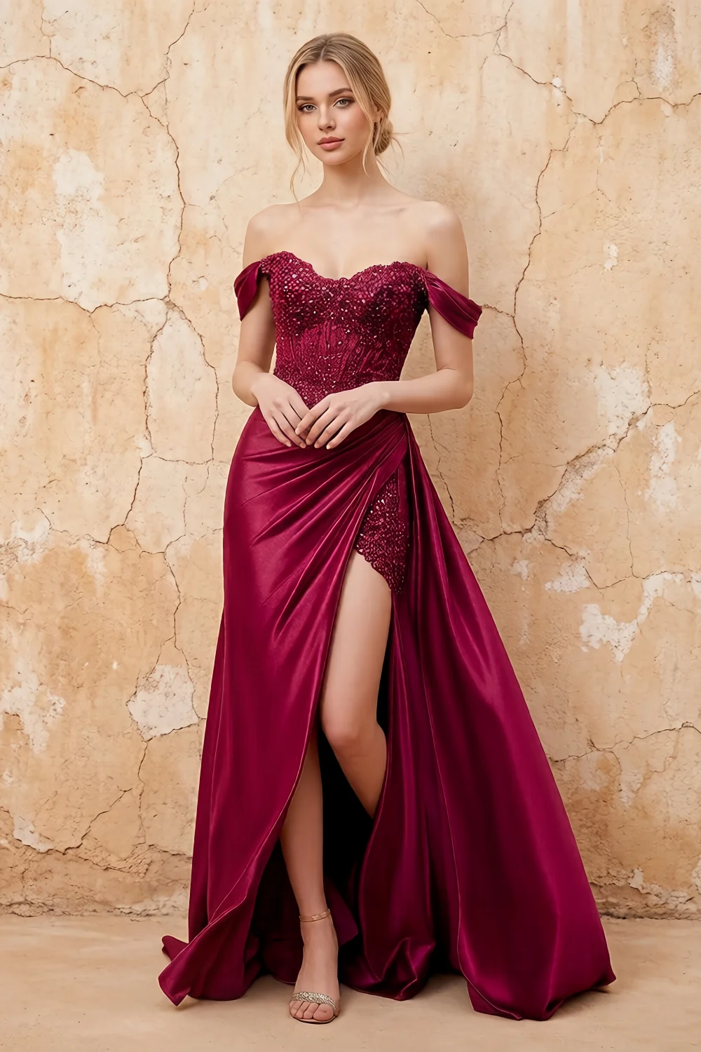 Lilian Burgundy Lace Rhinestone Off The Shoulder Maxi Dress