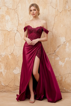 Lilian Burgundy Lace Rhinestone Off The Shoulder Maxi Dress