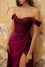 Lilian Burgundy Lace Rhinestone Off The Shoulder Maxi Dress