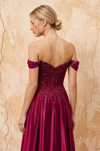 Lilian Burgundy Lace Rhinestone Off The Shoulder Maxi Dress