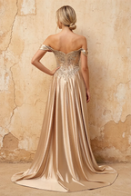 Lilian Champagne Lace Rhinestone Off The Shoulder Maxi Dress