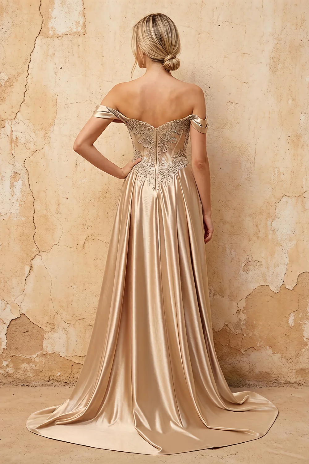 Lilian Champagne Lace Rhinestone Off The Shoulder Maxi Dress