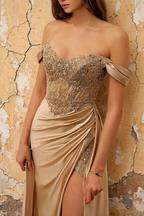 Lilian Champagne Lace Rhinestone Off The Shoulder Maxi Dress