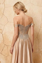 Lilian Champagne Lace Rhinestone Off The Shoulder Maxi Dress