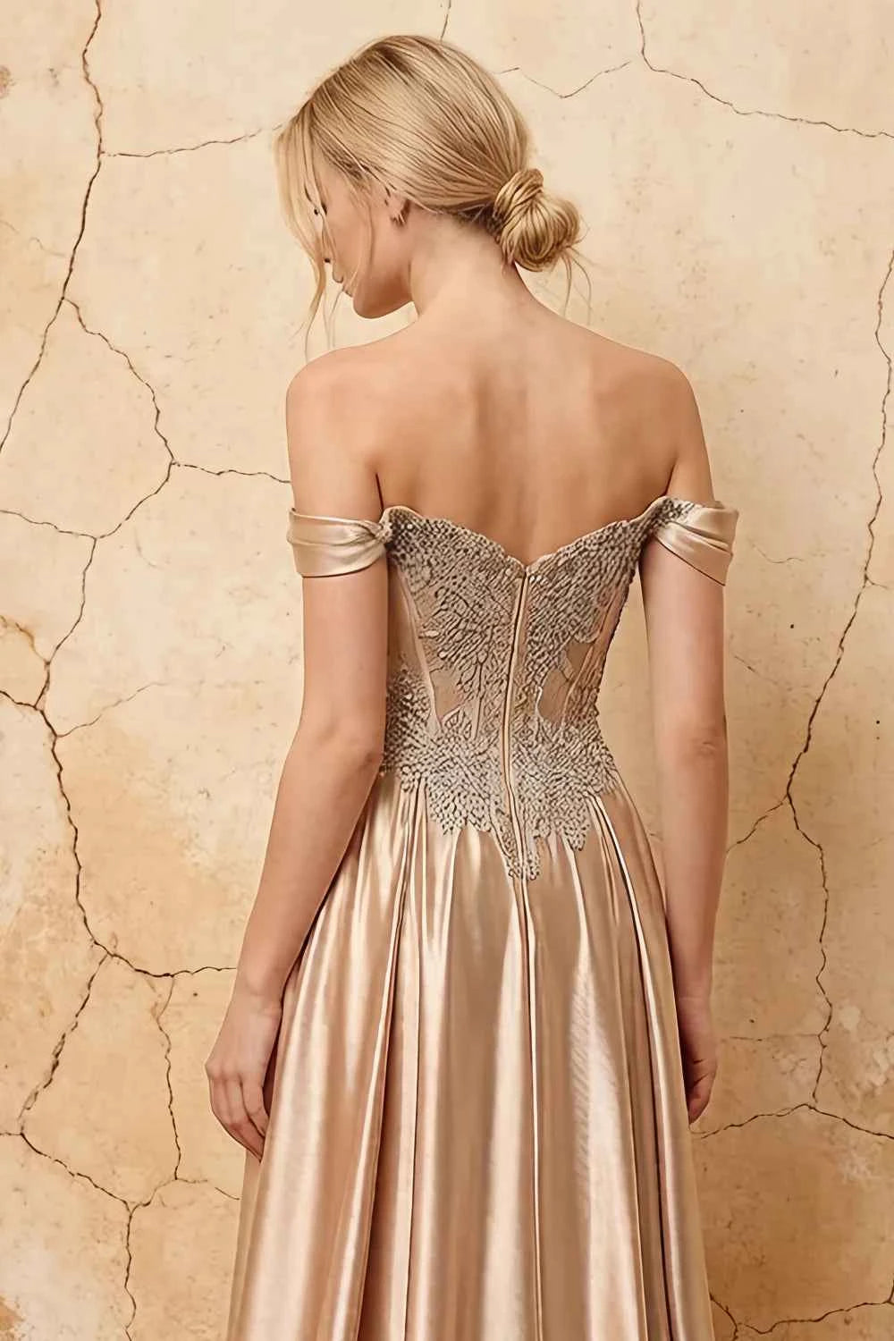 Lilian Champagne Lace Rhinestone Off The Shoulder Maxi Dress