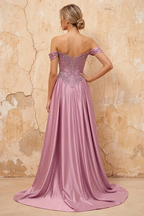 Lilian Dusty Pink Lace Rhinestone Off The Shoulder Maxi Dress