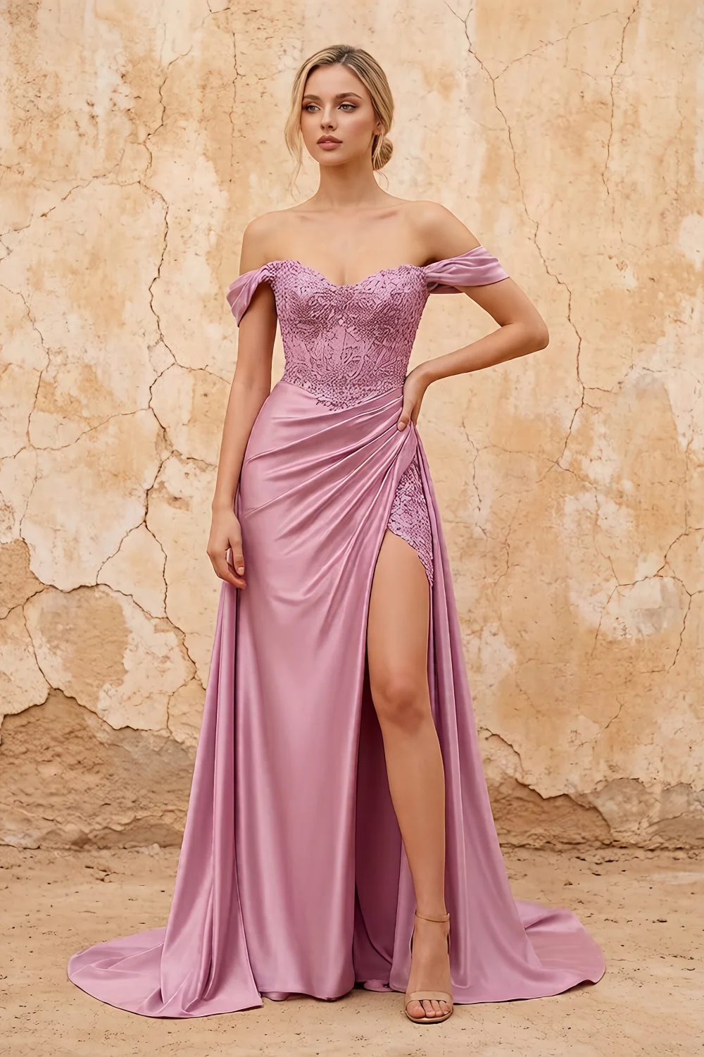 Lilian Dusty Pink Lace Rhinestone Off The Shoulder Maxi Dress