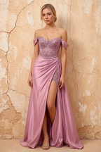 Lilian Dusty Pink Lace Rhinestone Off The Shoulder Maxi Dress