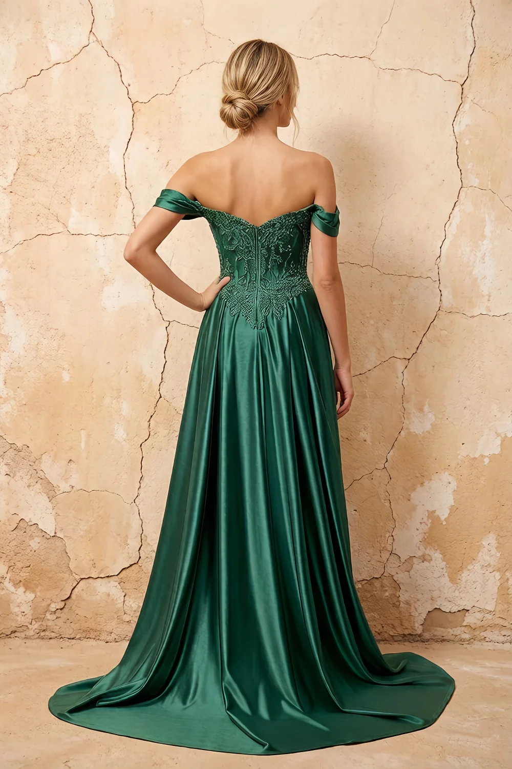 Lilian Emerald Green Lace Rhinestone Off The Shoulder Maxi Dress