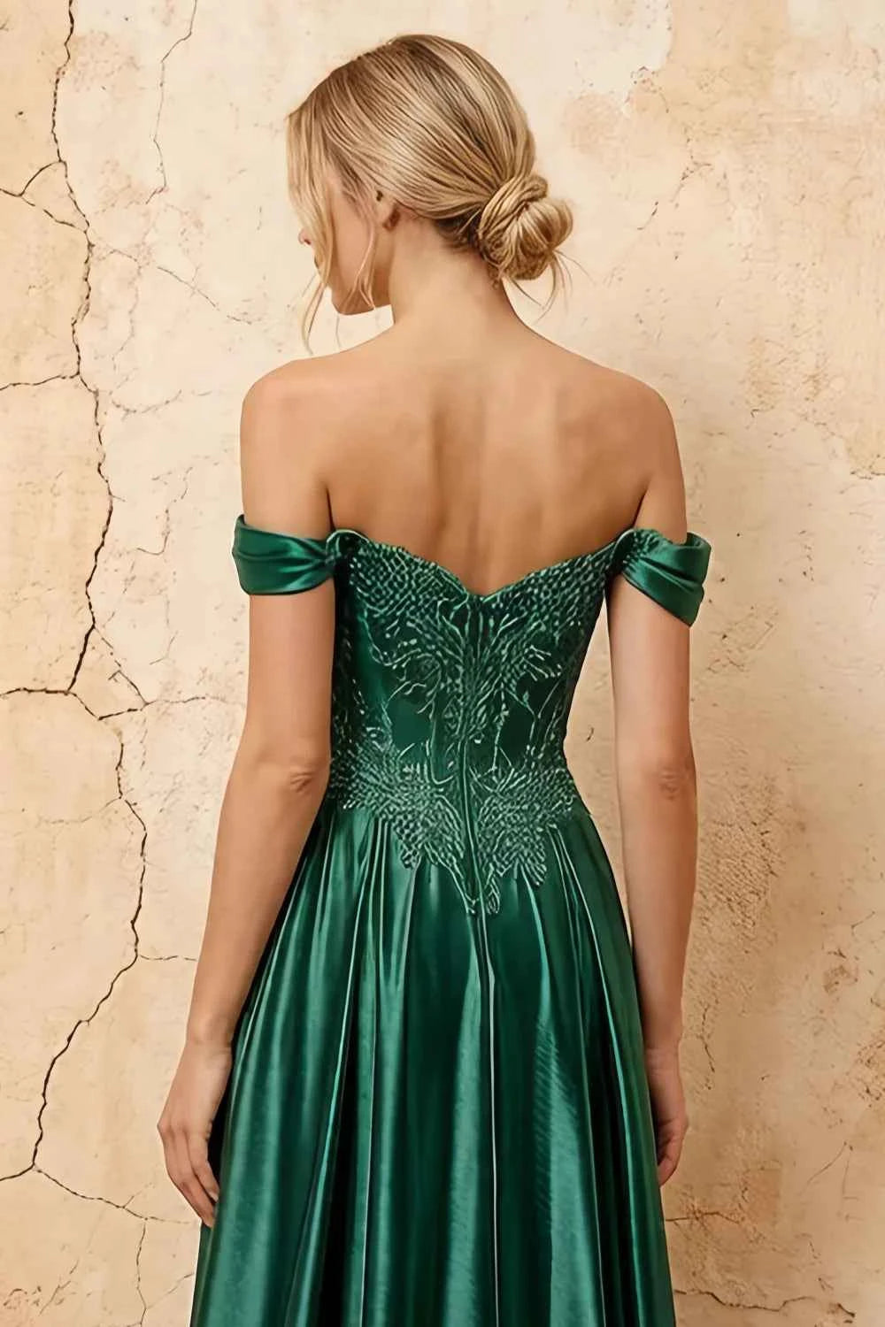Lilian Emerald Green Lace Rhinestone Off The Shoulder Maxi Dress