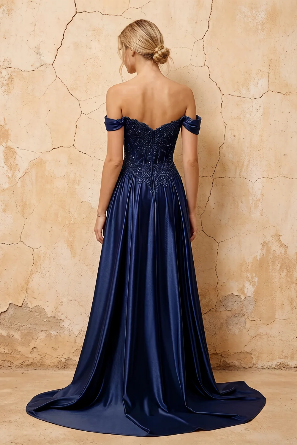 Lilian Navy Blue Lace Rhinestone Off The Shoulder Maxi Dress Secondary image