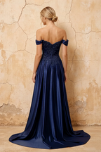 Lilian Navy Blue Lace Rhinestone Off The Shoulder Maxi Dress
