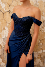 Lilian Navy Blue Lace Rhinestone Off The Shoulder Maxi Dress