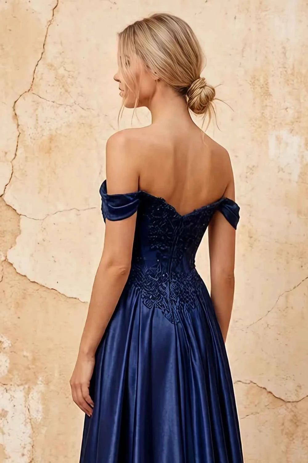 Lilian Navy Blue Lace Rhinestone Off The Shoulder Maxi Dress
