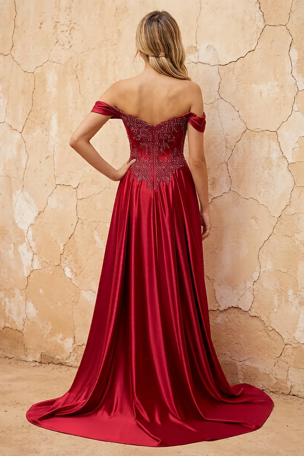 Lilian Red Lace Rhinestone Off The Shoulder Maxi Dress