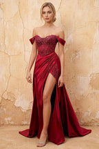 Lilian Red Lace Rhinestone Off The Shoulder Maxi Dress