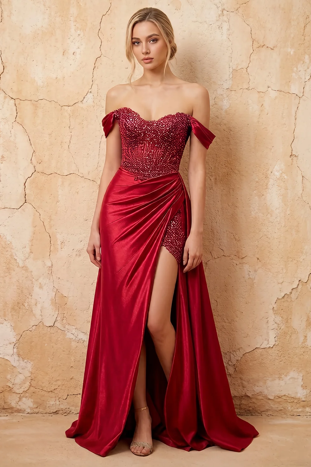 Lilian Red Lace Rhinestone Off The Shoulder Maxi Dress