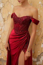 Lilian Red Lace Rhinestone Off The Shoulder Maxi Dress