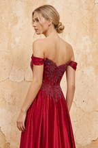 Lilian Red Lace Rhinestone Off The Shoulder Maxi Dress