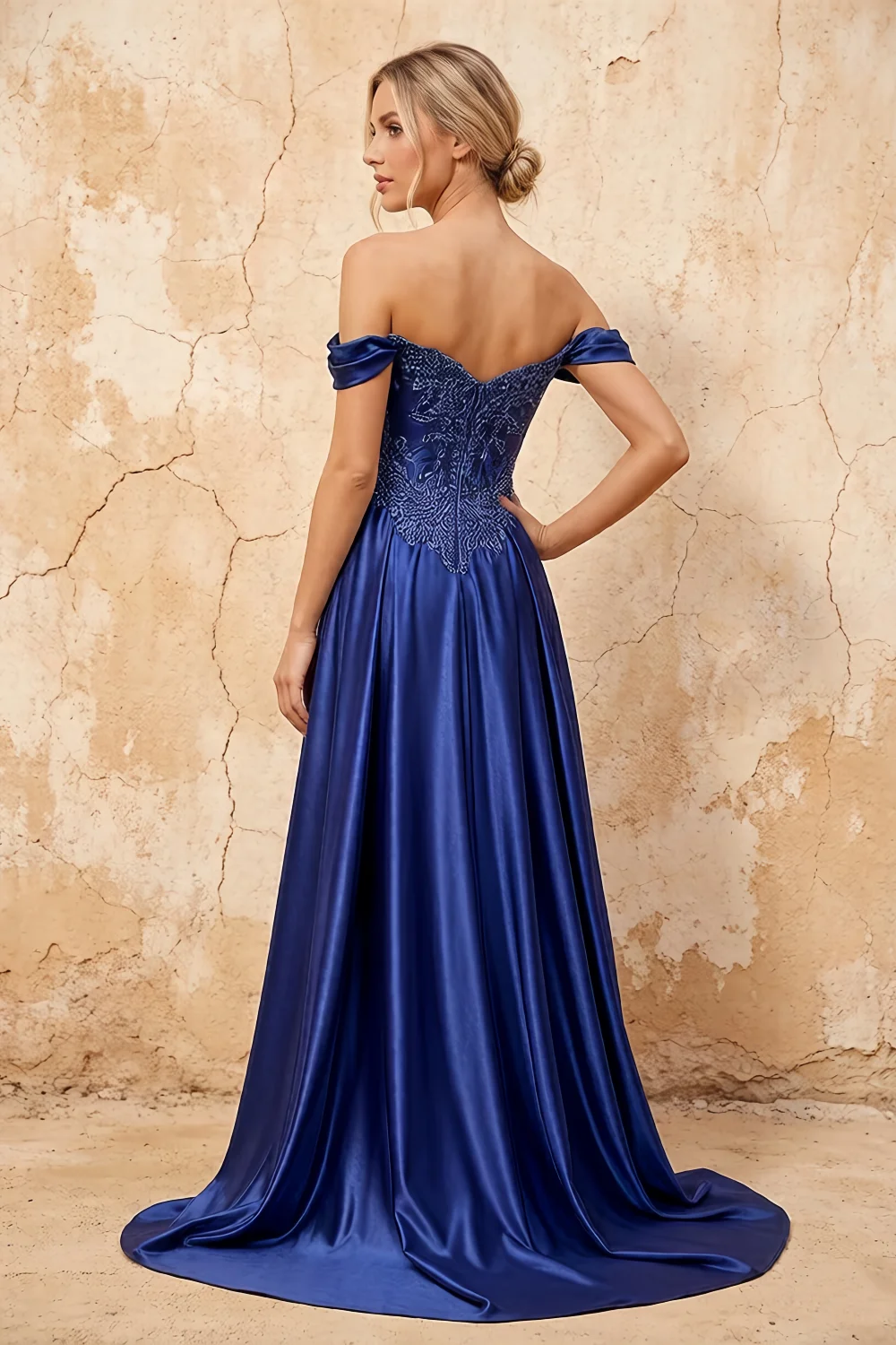 Lilian Royal Blue Lace Rhinestone Off The Shoulder Maxi Dress Main image