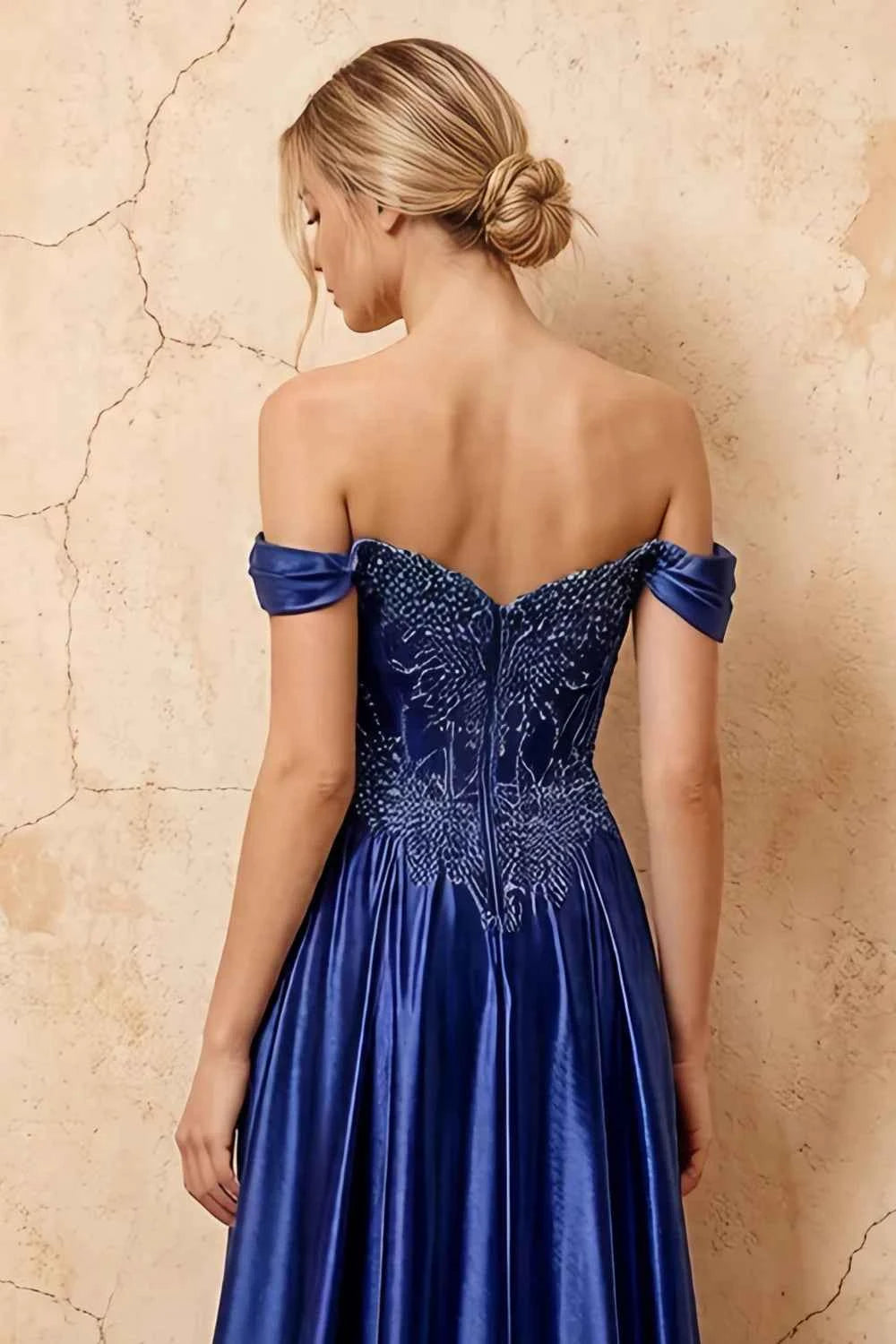 Lilian Royal Blue Lace Rhinestone Off The Shoulder Maxi Dress