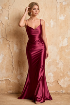 Lillian Ankara Red Satin Sheath V-neck Maxi Dress