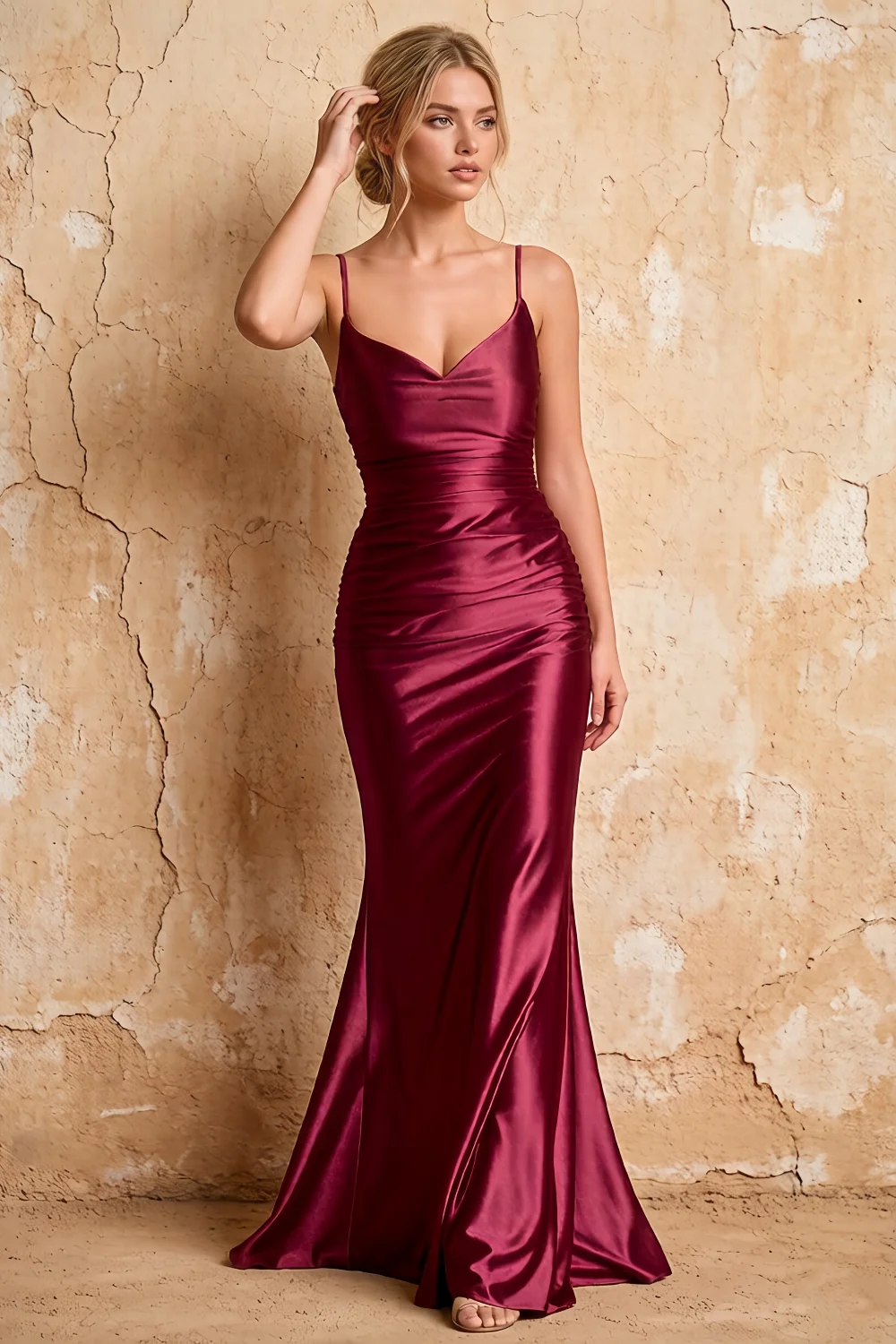 Lillian Ankara Red Satin Sheath V-neck Maxi Dress