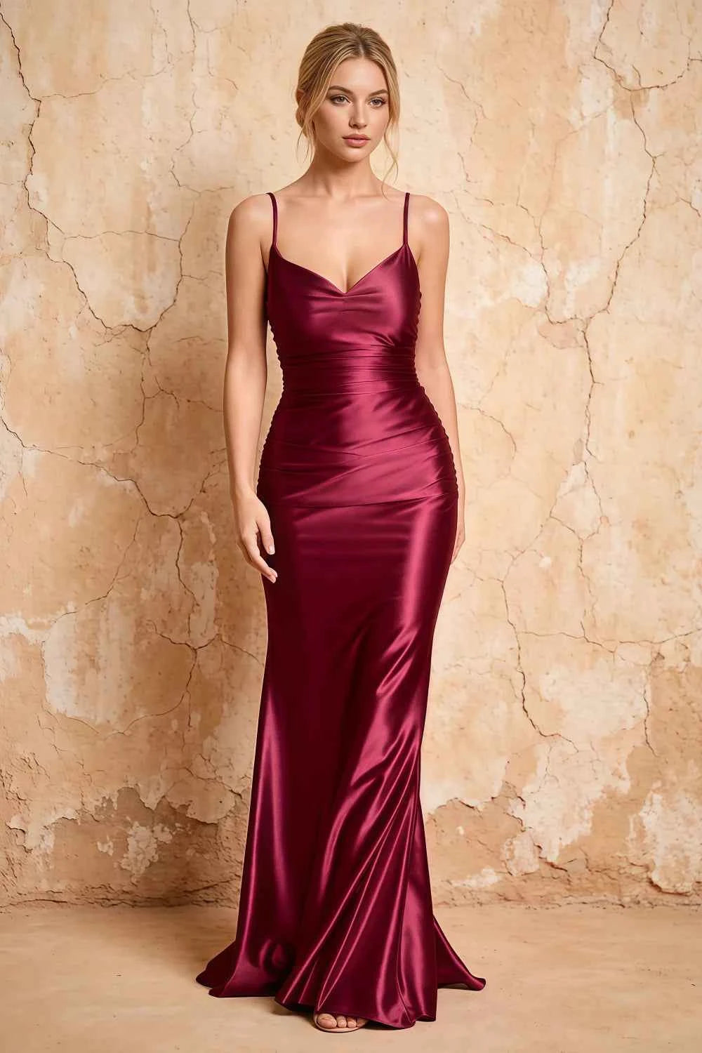 Lillian Ankara Red Satin Sheath V-neck Maxi Dress