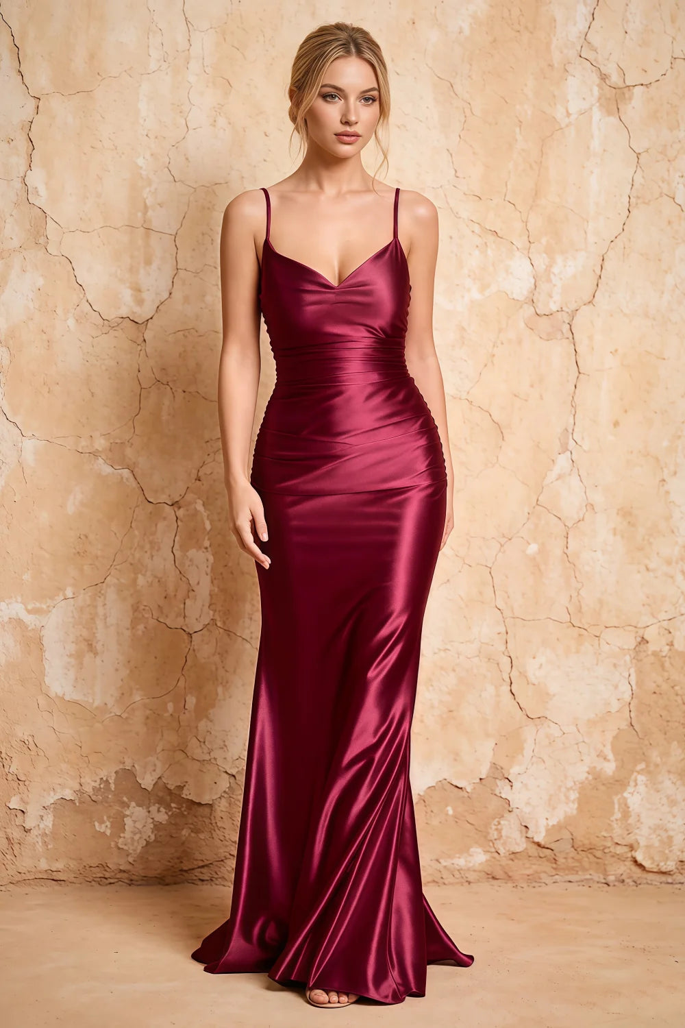 Lillian Ankara Red Satin Sheath V-neck Maxi Dress