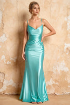 Lillian Aqua Satin Sheath V-neck Maxi Dress