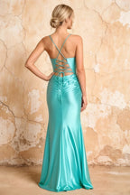 Lillian Aqua Satin Sheath V-neck Maxi Dress