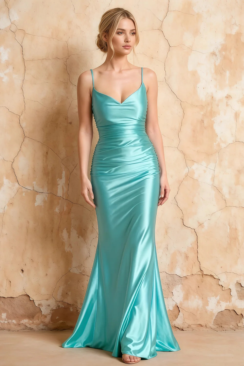 Lillian Aqua Satin Sheath V-neck Maxi Dress