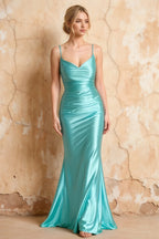 Lillian Aqua Satin Sheath V-neck Maxi Dress