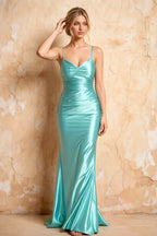 Lillian Aqua Satin Sheath V-neck Maxi Dress