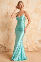 Lillian Aqua Satin Sheath V-neck Maxi Dress