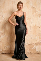 Lillian Black Satin Sheath V-neck Maxi Dress