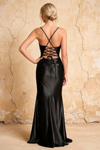 Lillian Black Satin Sheath V-neck Maxi Dress