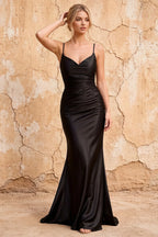Lillian Black Satin Sheath V-neck Maxi Dress