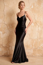 Lillian Black Satin Sheath V-neck Maxi Dress