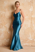Lillian Blue Satin Sheath V-neck Maxi Dress