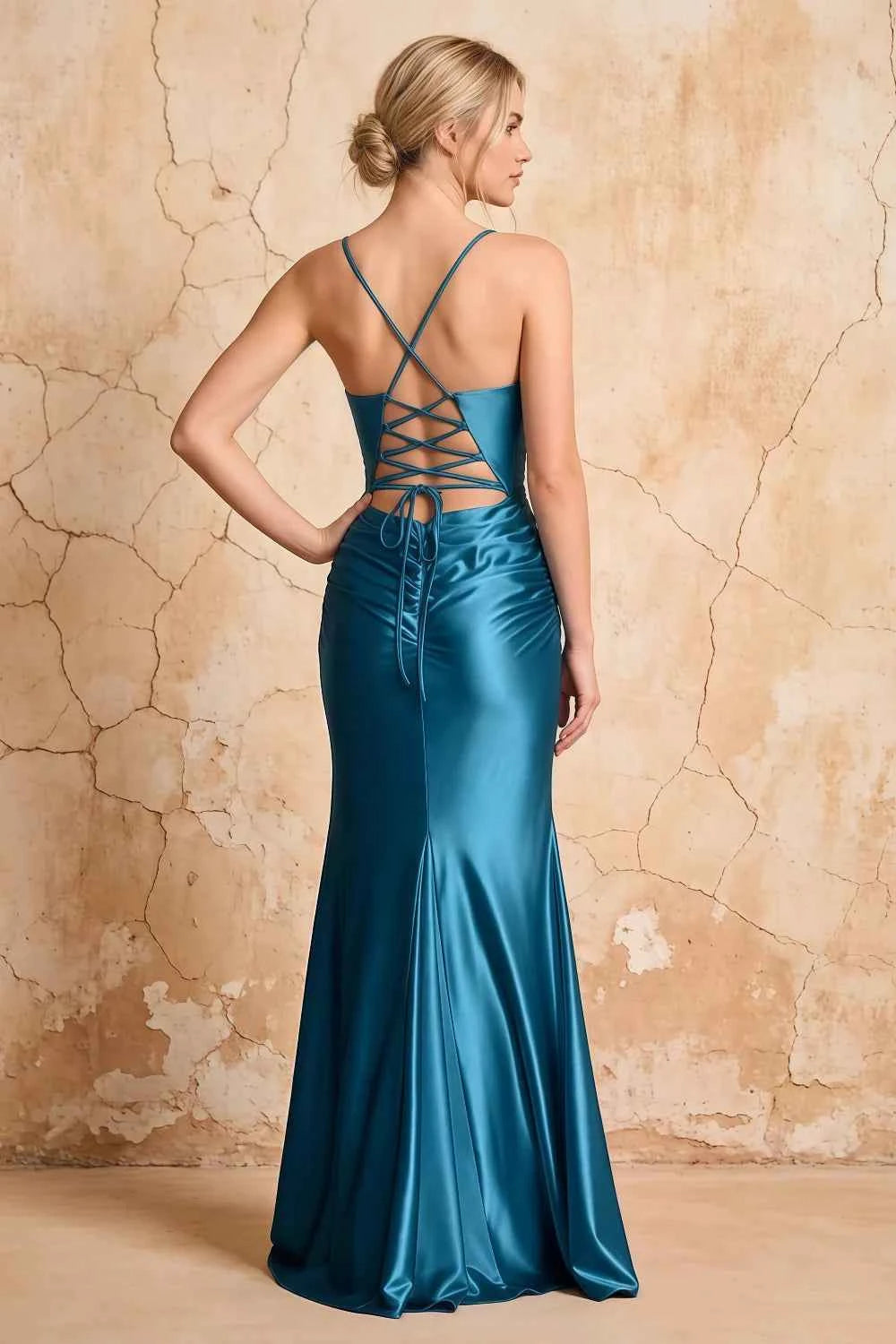 Lillian Blue Satin Sheath V-neck Maxi Dress