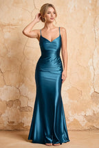 Lillian Blue Satin Sheath V-neck Maxi Dress