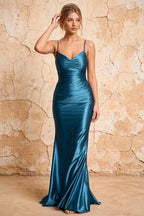 Lillian Blue Satin Sheath V-neck Maxi Dress