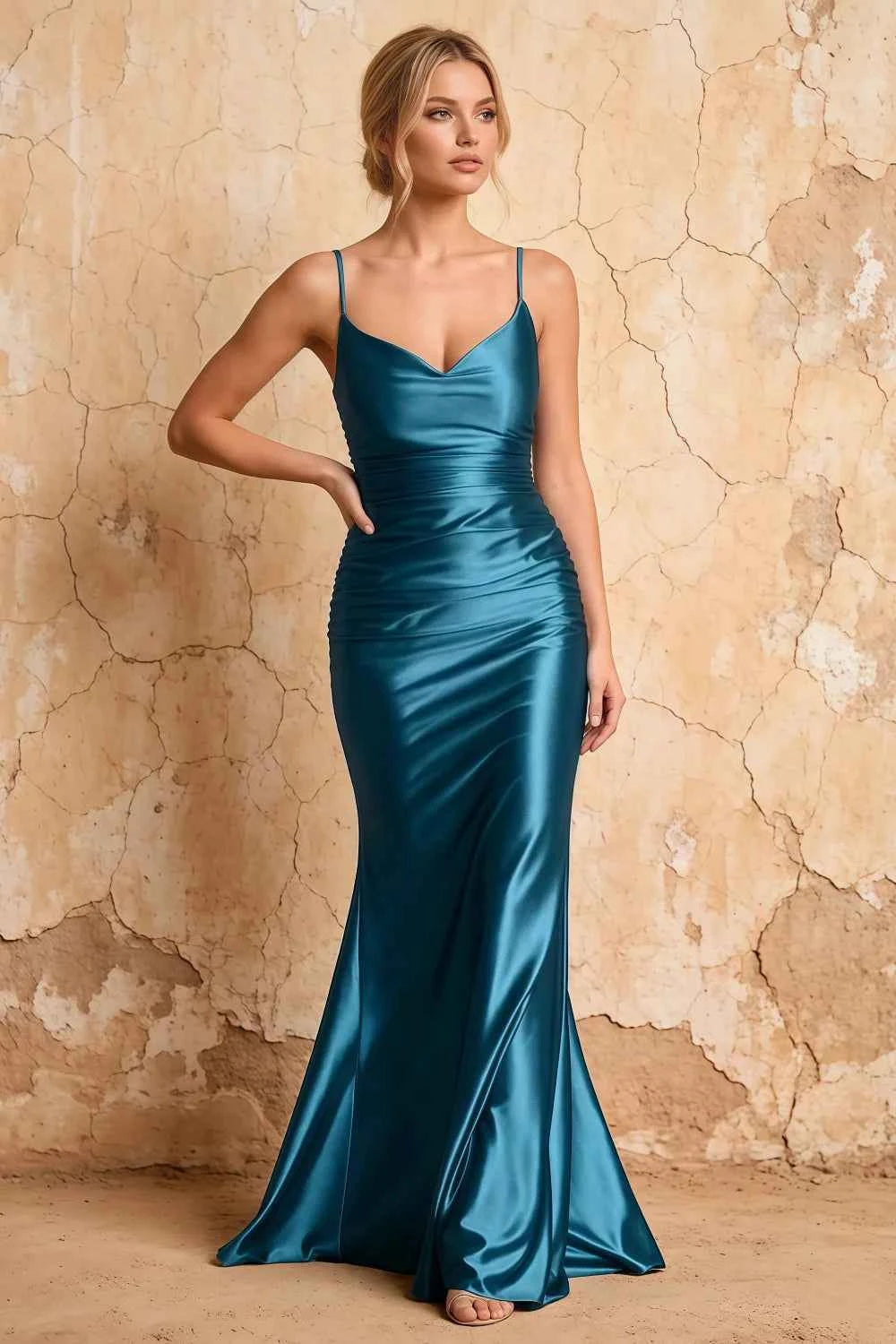 Lillian Blue Satin Sheath V-neck Maxi Dress